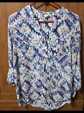 Pink Rose Geometric Print Tunic Blouse - Blue, Pink, Cream